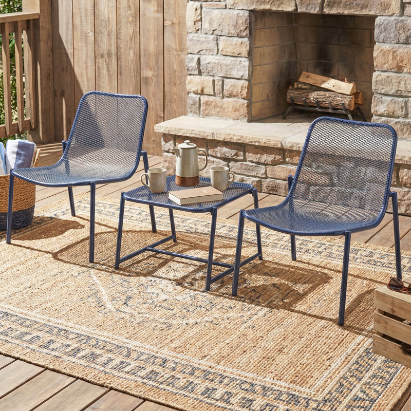 Kincaid Outdoor 3-Piece Conversation Set with IRON Frame - 2 Mesh Chairs & 1 Side Table, Matter Navy Blue, Navy Blue