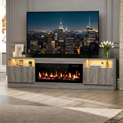 Meuble télé 70 po pour téléviseur de 80 po ou moins, meuble télé avec foyer électrique de 36 po, plateau en marbre et lumières DEL