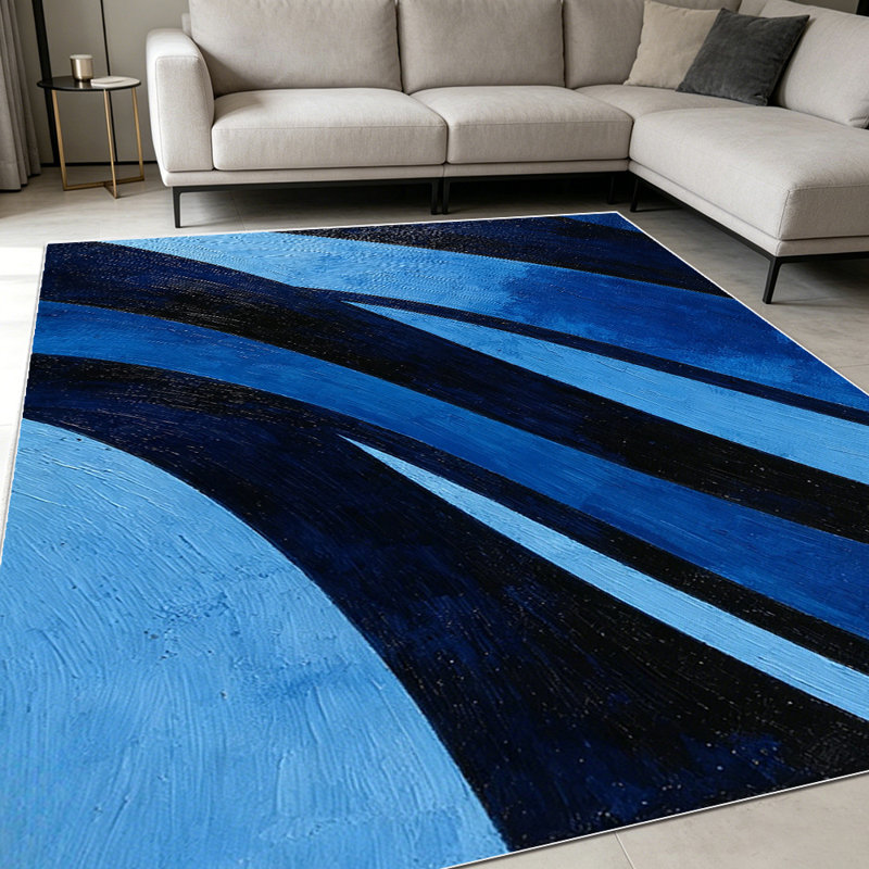 1PC Abstract Navy Blue Ombre Curved Stripe Geometric area rugs for Living Room, Soft and Comfortable, Suitable for all seasons, easy-to-maintain, machine washable Indoor floor mat, Under Table Farmhouse suitable for dining table, bedroom bedside,