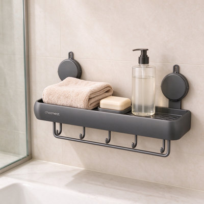 Organisateur de douche à ventouse et support adhésif pour douche, tablette de salle de bain en aluminium résistant à la rouille pour les locataires et les appartements, rangement de douche mural sans perçage avec crochets