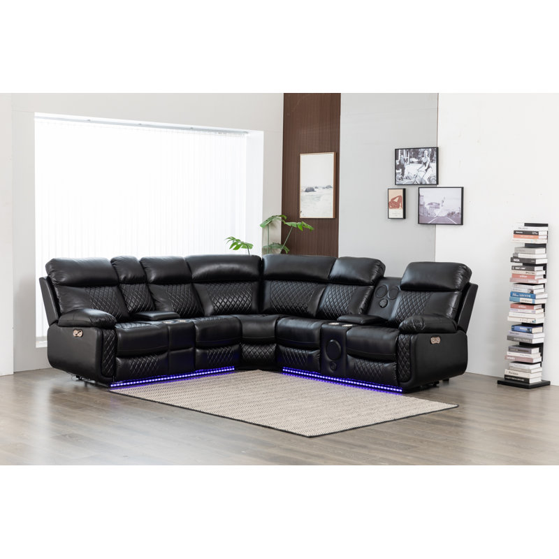 Palerem 98.5" Wide Vegan Leather Power Reclining Sectional with LED, USB and SubWoofer Sound System, Black Faux Leather