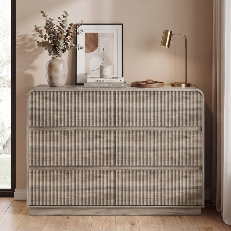 Commode double à 6 tiroirs cannelés pour chambre à coucher avec commode en bois de 47 po de largeur, Gris