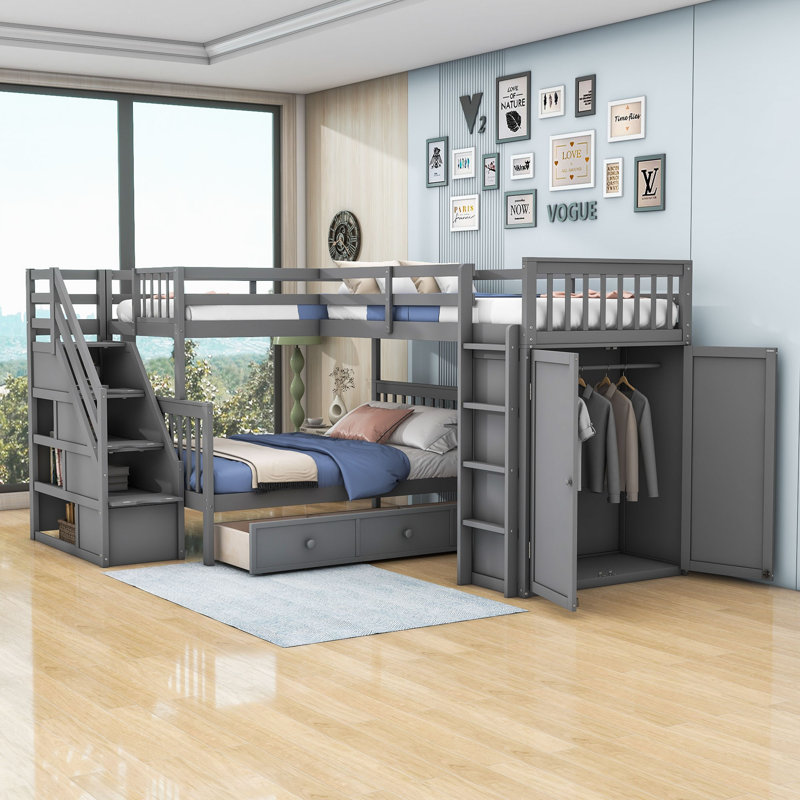 Januita 3 Drawer L-Shaped Bunk Beds with Shelves by Harriet Bee, Gray