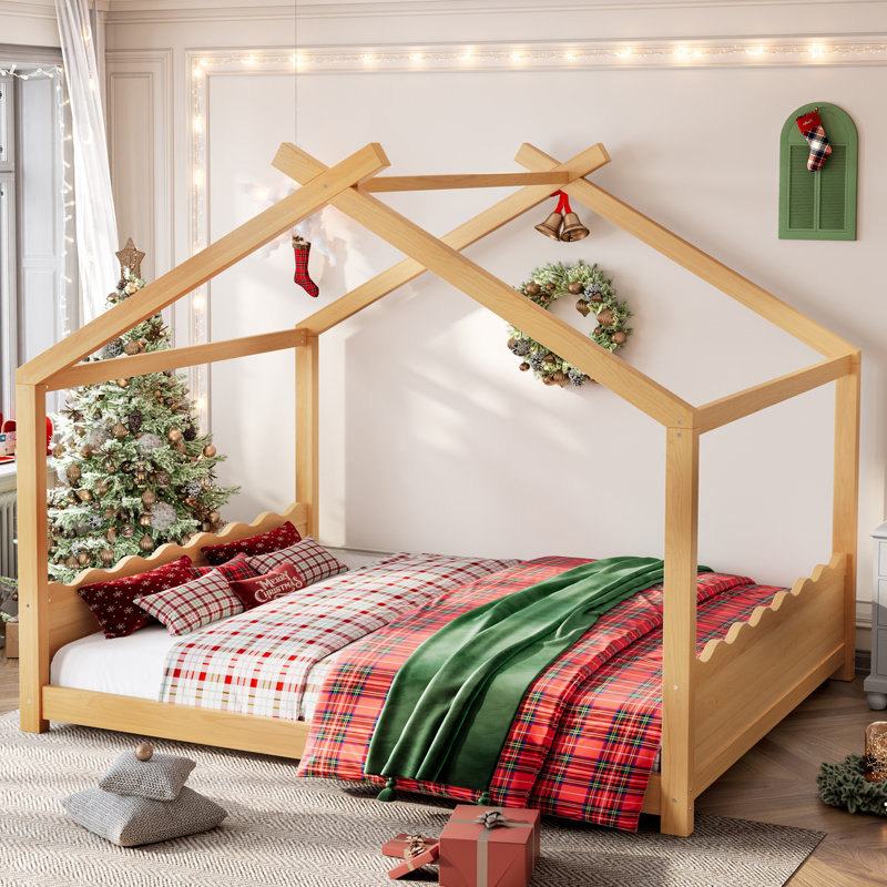 Natural Queen House Bed Frame, Solid Pine MDF & Plywood, Natural, Queen