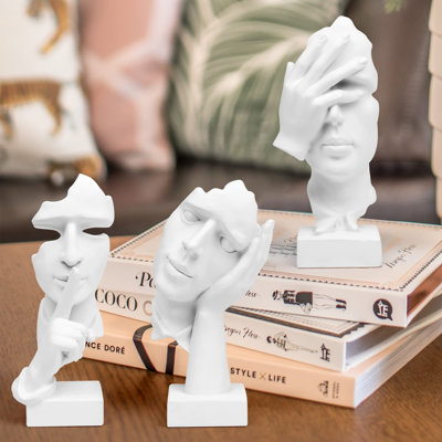 3 pièces statue de penseur, Silence is Gold, résine abstraite, décor de maison et de bureau moderne