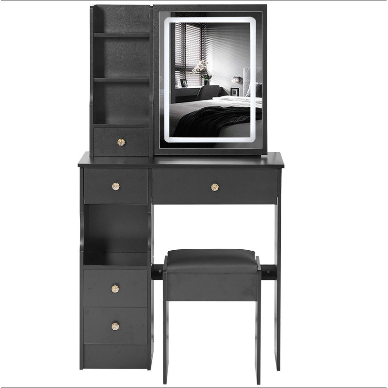 29.2" Small Size Left Drawer Desktop Vanity Table + Cushioned Stool, Large Sliding, Touch Control, Tri-Color Switching, Brightness Adjust LED Mirror, High Capacity Storage, Suitable For Small Space