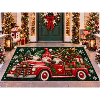 5’ x 7’ Outdoor Area Rug Christmas Gnomes Vintage Truck Gifts Green, Heavyweight Waterproof PVC Coil Loop Carpet, Quick Dry Indoor Outdoor Mat for Porch Deck Entryway Large Doormat