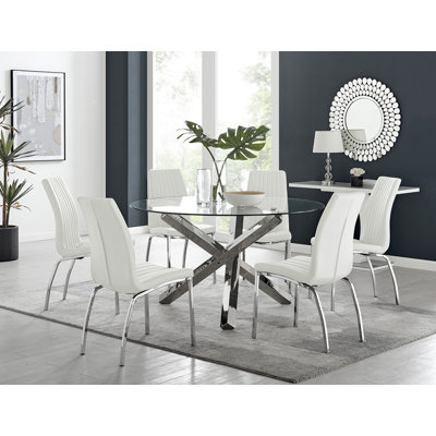 Vogo Modern Design Chrome and Glass Dining Table Set with 6 Soft Touch Faux Leather Dining Chairs