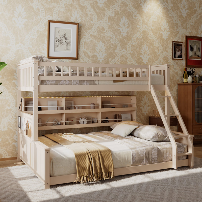 Twin XL Over Queen Bunk Bed With Integrated Shelving, Color-Changing Lights And Pegboard, Beige, Beige, Twin XL over Queen