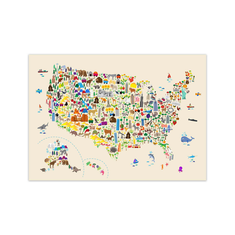 Animal Map Of United States by Michael Tompsett - Print, 60cm H x 84cm W x 1cm D, Unframed