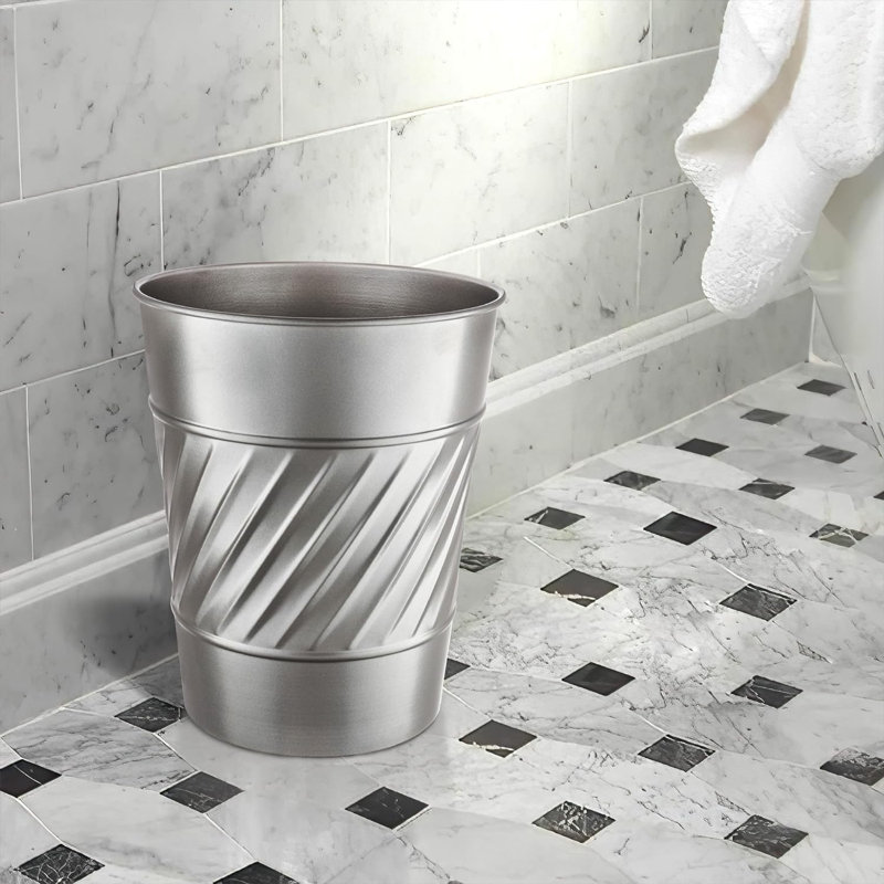 Pewter Wave Embossed Metal Cylindrical Waste Basket