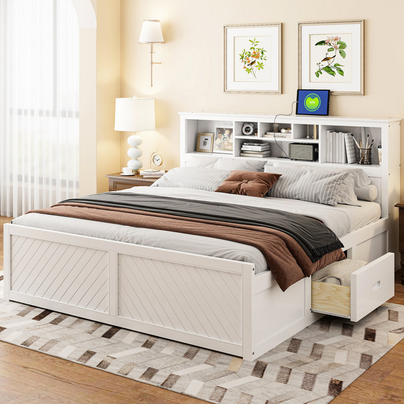 King Size Platform Bed With Ports, Multi, And Drawers - White Elegance Durability Ample Storage Ports, White