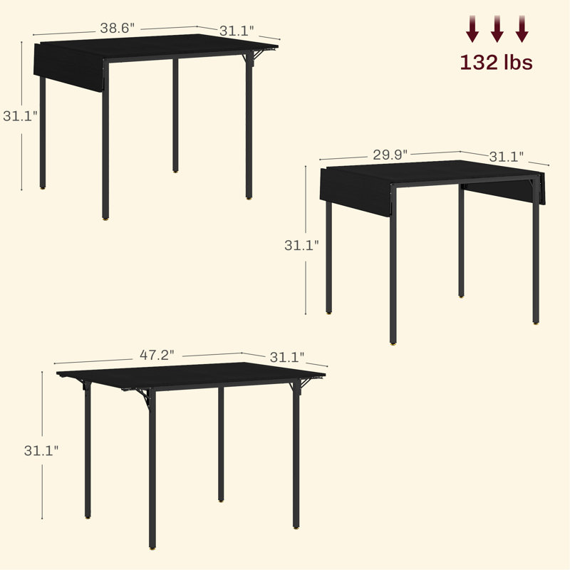 Table de salle à manger pliante industrielle pour 2 à 4 personnes, table de cuisine à abattants peu encombrante pour petits espaces, noir