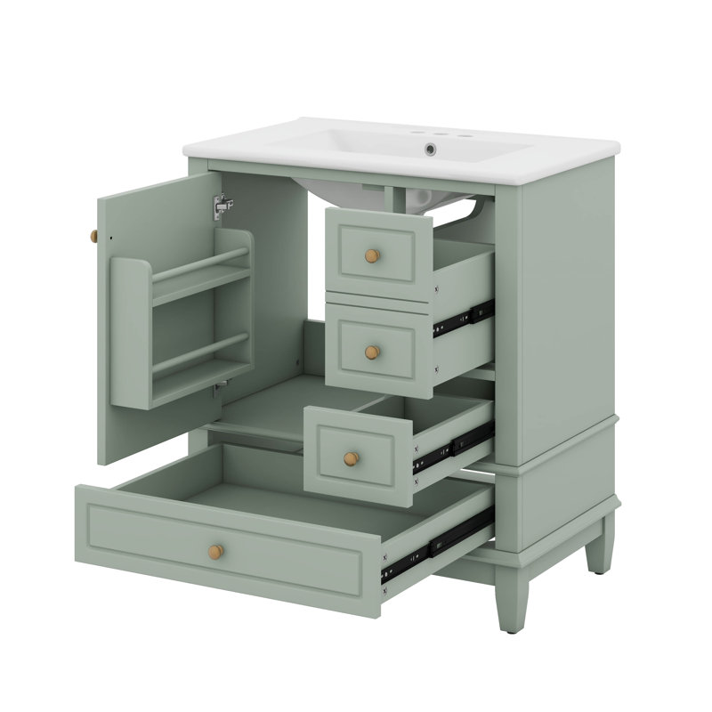 Meuble-lavabo 30 po avec lavabo, une porte avec tablette et trois tiroirs, Vert clair / doré