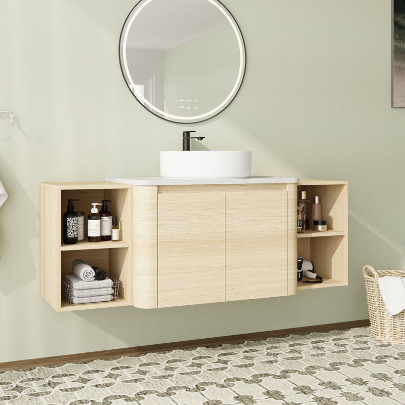 Meuble-lavabo simple mural 54 po avec plateau en pierre reconstituée et portes à fermeture en douceur 54 po