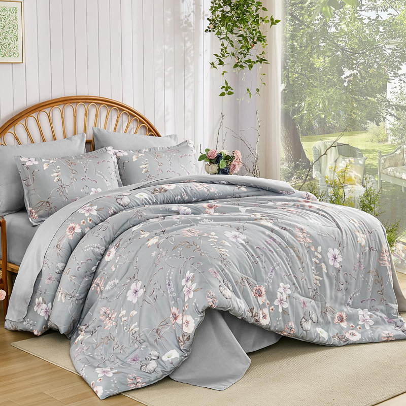 7 Pieces Botanical Floral Comforter Set All Season Bedding Set Lightweight Microfiber with Sheets, Pillowcases & Shams