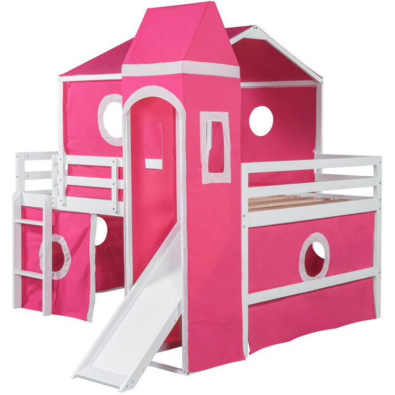 Lit mezzanine pleine grandeur rose avec glissoire, tour et tente - unique avec fenêtre, solide, zone de circulation d'air pour dessiner des éléments de glissade, bois d'œuvre de qualité, espace de rangement spacieux