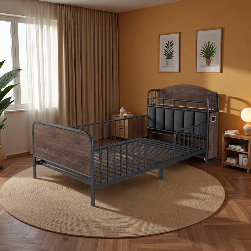 Structure de lit plateforme simple en métal avec lumière, lit simple en métal pour enfants avec tablettes de rangement rembourrées et escamotables