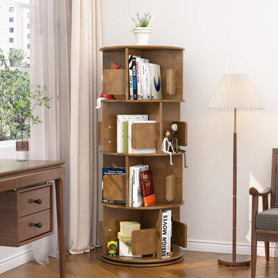 Étagère rotative à 4 niveaux en noyer, étagères en bois pivotant à 360 °, étagère de rangement rotative pour bibliothèque, étagère de coin autoportante pour rangement de livres et de jouets pour enfants