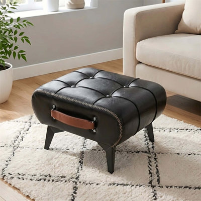 Modern Minimalist Leather Footstool with Hidden Storage and Portable Handles, for Small Spaces and Multi-Functional Use