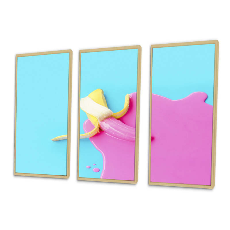 Banane rose et bleue - ensemble d'art mural moderne sur toile encadrée 3 pièces, H 28 po x l 36 po x P 1 po, Brun