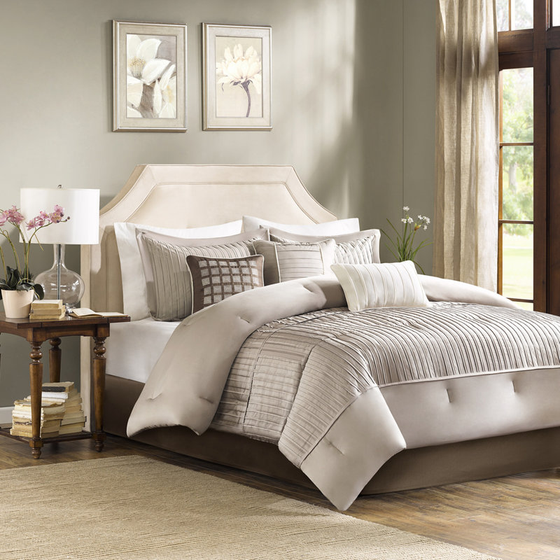 Édredon 7 pièces - Jupe de lit taupe très charmante avec jupe de lit plissée, Édredon pour très grand lit et 6 pièces supplé
