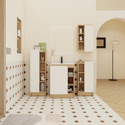 4-Piece Light Oak Bathroom Vanity Set With Thin-Edge Ceramic Sink, Vanity Combo With Storage Cabinets, Dual-Color Door Panels, KD Assembly