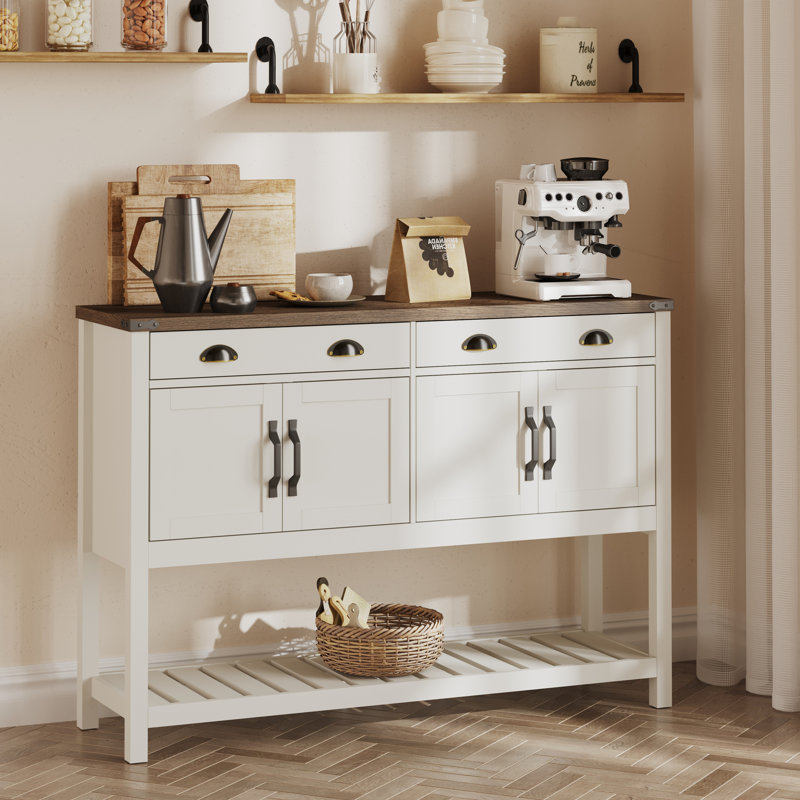 47"W Console Table Entry Cabinet with Two Drawers and 2 Double-Door Variant Product Name, Beige, Brown Wood