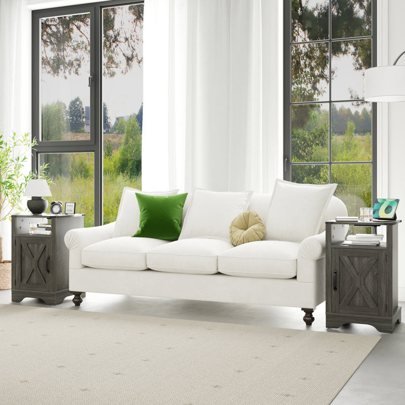 Table de chevet gris foncé, table de bout rustique avec ports de charge et porte-boîte à mouchoirs, Dark Grey