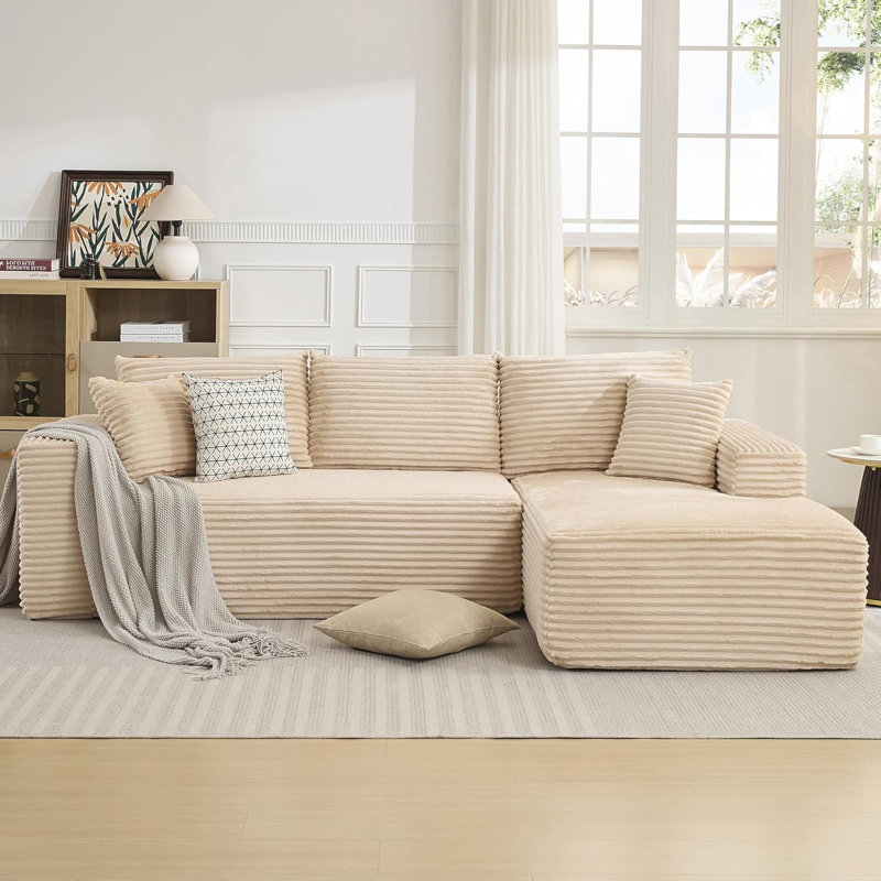 Canapé modulaire rembourré en tissu de velours côtelé en L 108 po avec méridienne 108 po, Velours côtelé beige