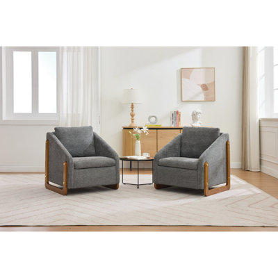 Gray Chenille Armchair With Golden Nailhead Trim For Bedroom - Wooden Frame Floor Protection Foot Nail And Side