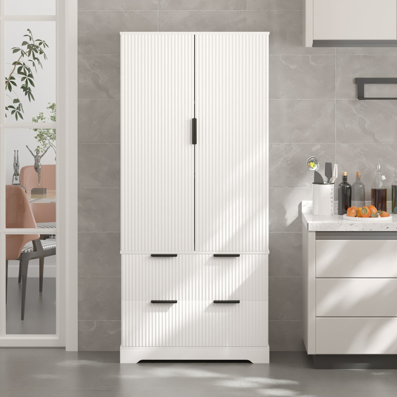 Fluted Kitchen Pantry Cabinet With 2 Large Drawers & 8-Door Spice Rack, Freestanding Storage Organizer, White