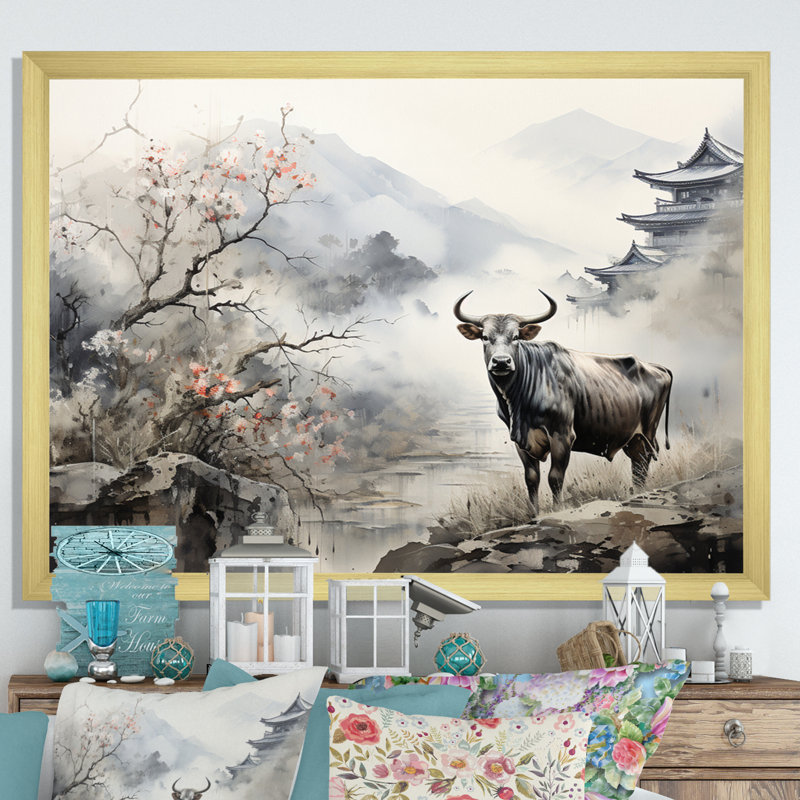 «Asian Art Cow Sumi» - reproduction d'art, H 30 po x l 40 po x P 1,5 po, Encadrement doré