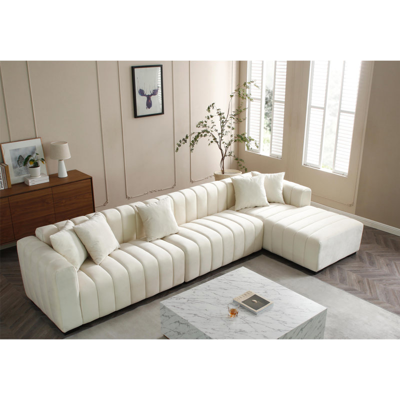 Canapé modulaire en forme de L, revêtement en velours capitonné profond, méridienne droite, beige