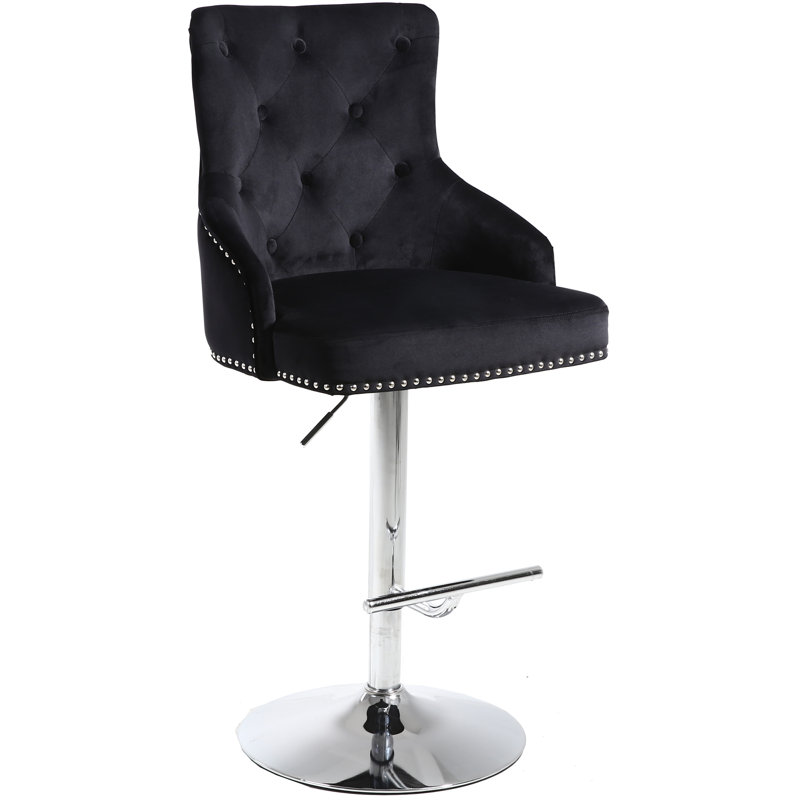Bocana Swivel Upholstered Velvet Adjustable Height Counter Stool with Steel Frame, Living Black Velvet, Chrome