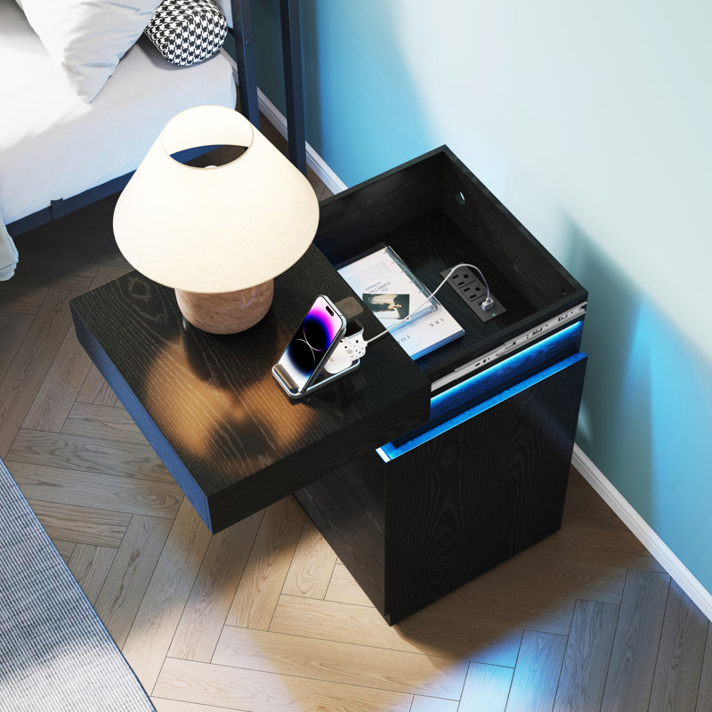 Led Charging Nightstands, Black Mdf 3 Drawer Modern Bedside Home Table