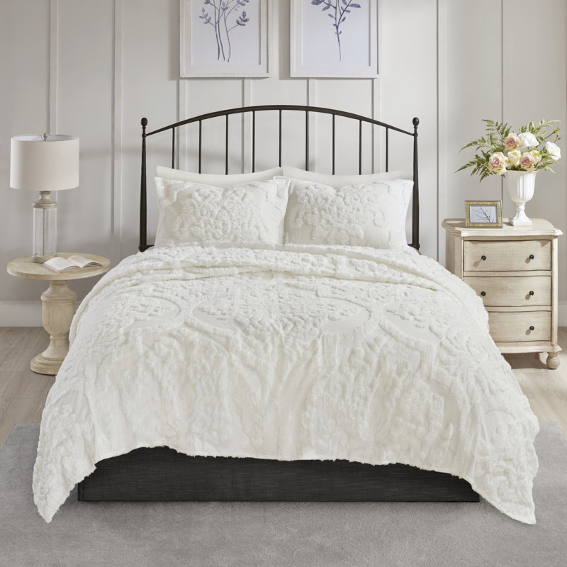 Ensemble de housse de couette en chenille de coton à motif damas capitonné de trois articles Viola, Pes