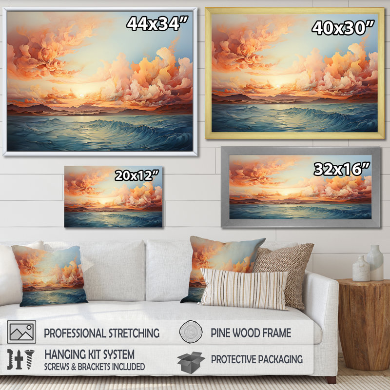 «Peach Ocean Sunrise I», reproduction sur toile, Encadrement doré, H 24 po x l 32 po x P 1 po