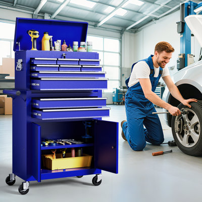 10-Drawers Rolling Tool Chest, 2 in 1 Lockable Tool Box with Drawers, High-Capacity Mechanic Tool Organizer, Adjustable Shelf & Detachable Top Cabinet for Workshop Garage