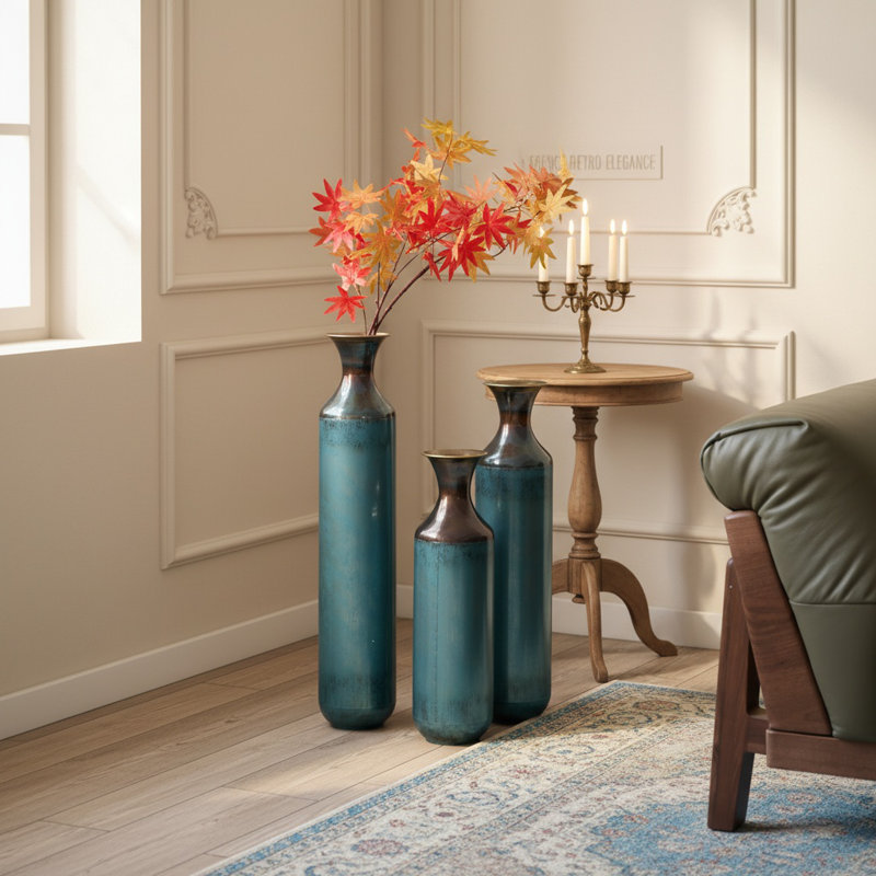 3-Piece Modern Droplet Shaped Metal Vase Set - Large Glazed Floor Vases For Elegant Home Decor, Blue
