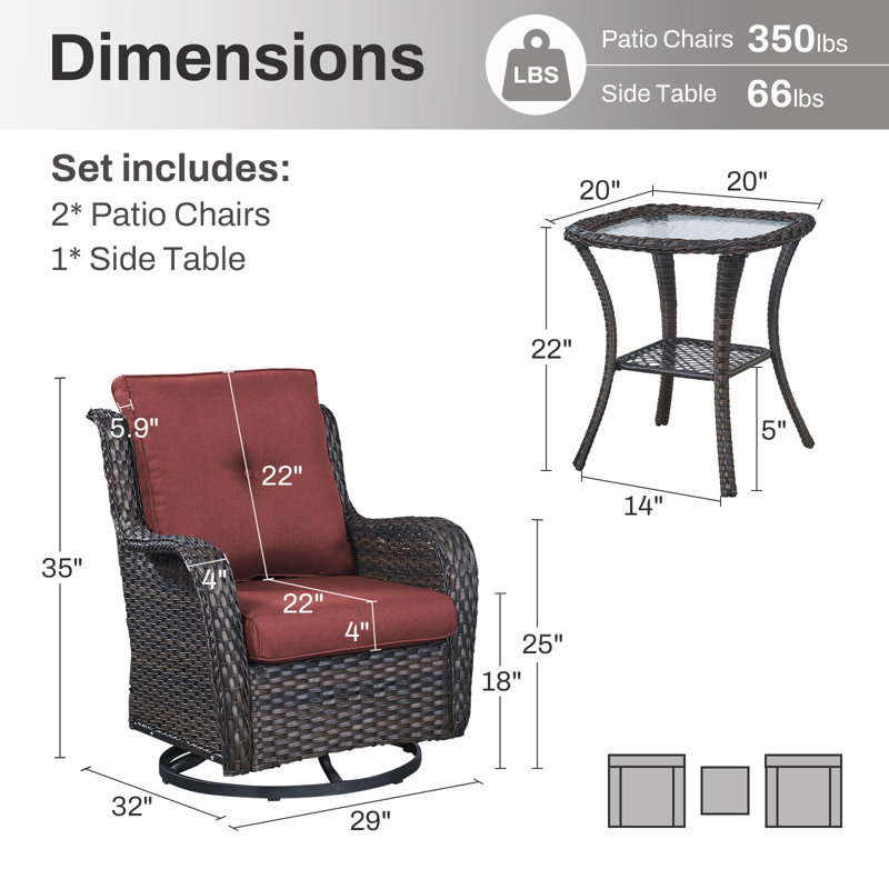 Ensemble de fauteuil oscillant et table d'appoint en osier Wendye avec coussins en oléfine résistants à l'eau, Rouge, Brun