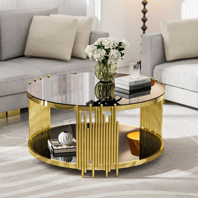 Bordeaux 35.4" Wide 2-Tier Round Glass Top Coffee Tables with Storage For Living Room Centre Table Living Room Table