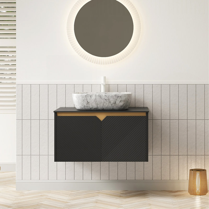 30" Bathroom Vanity&Sink, Wall-Mounted Floating Plywood Storage Cabinet, Twill Double Doors With Metal Trim, Marble Pattern Rectangle Ceramic Vessel Basin&Black Sintered Stone Top, Black