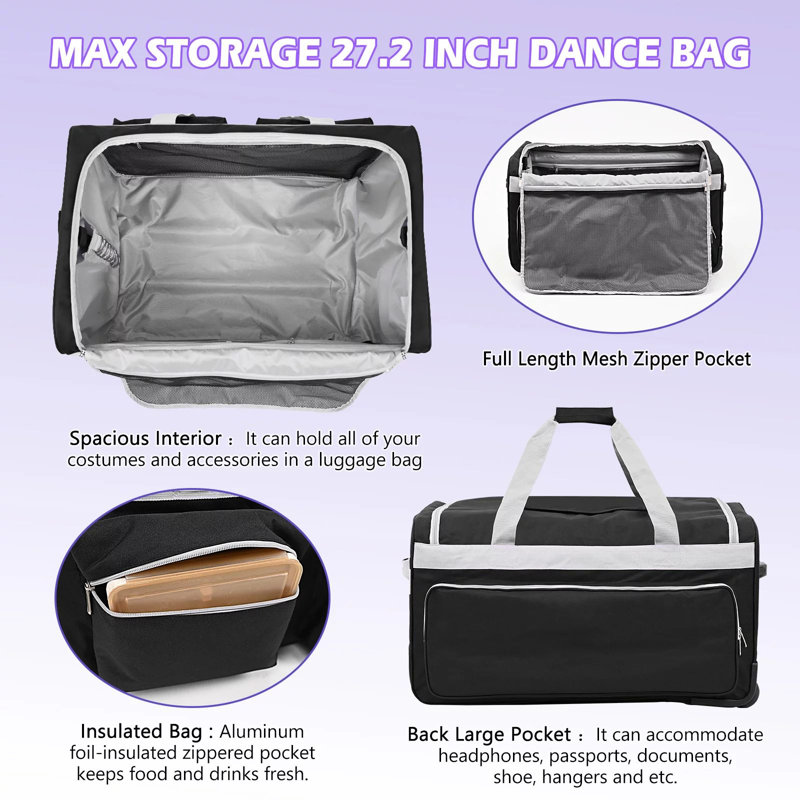Meliz Dance Bag With Garment Rack, 28" Dance Costumes Rolling Garment Bags with Wheels for Shows, Travel, Black/Light Gray