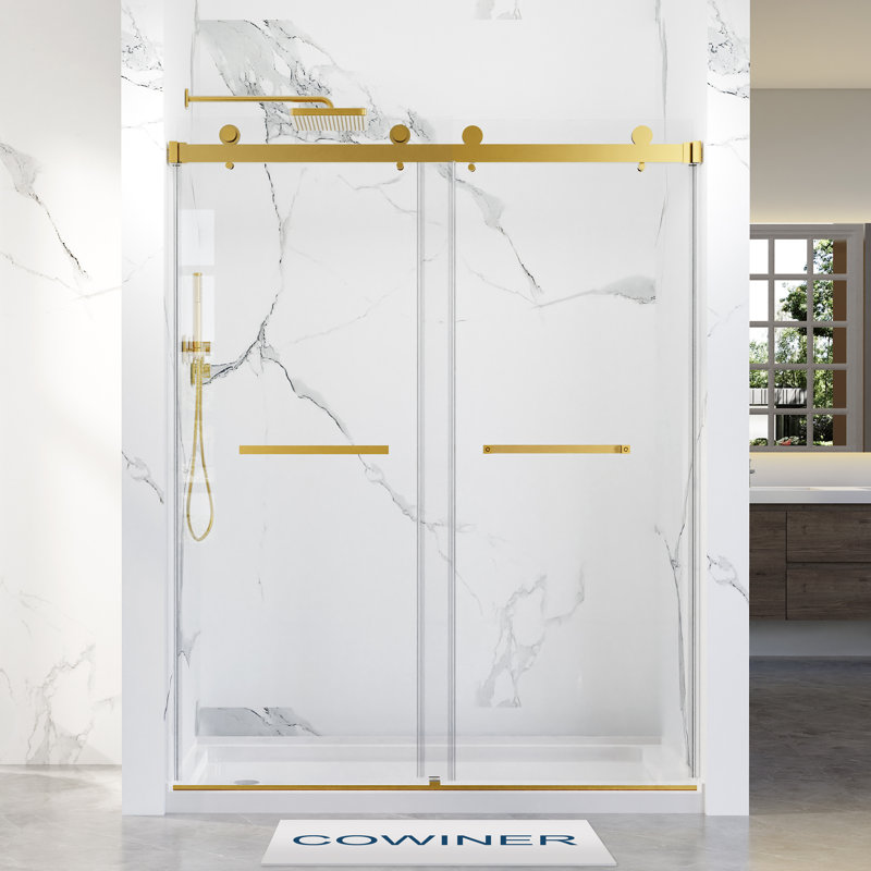 56-60 in. W x 76 in. H Double Sliding Frameless Shower Door in Brushed Gold with 3/8 in.（10mm）Clear Tempered Glass