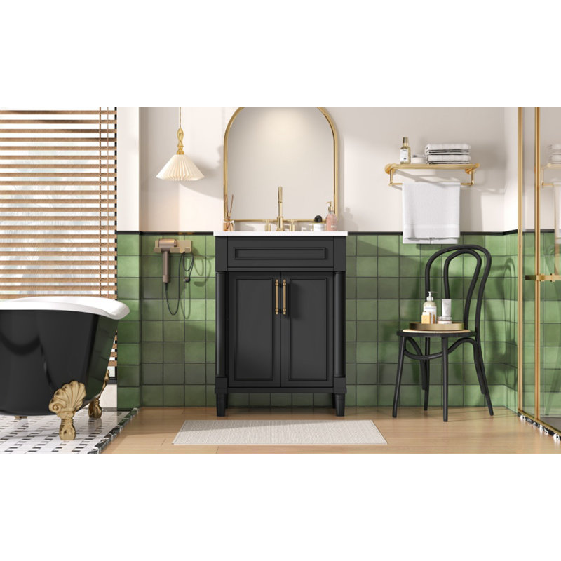 Meuble-lavabo avec lavabo en céramique, 2 portes et tablette réglable, Noir