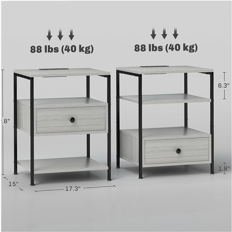 Ensemble de 2 tables d'appoint avec stations de charge et lumières DEL, table d'appoint à 3 niveaux avec ports USB et prises de courant, une combinaison de salon avec tiroir et tablette