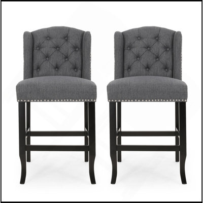 Contemporary Fabric Tufted Wingback 27 Inch Counter Stools, Set Of 2