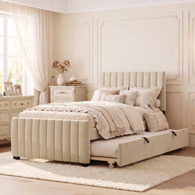 Structure de lit simple tapissier en velours avec lit gigogne escamotable, finition blanche, aucun sommier tapissier requis, meubles de chambre à coucher pour économiser de l'espace