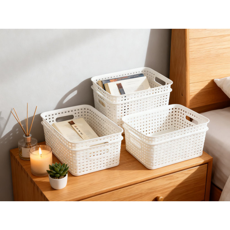 Plastic Woven Storage Baskets With Handles, Multipurpose Organizer Bins For Home, Office, And Classroom, 6-Pack